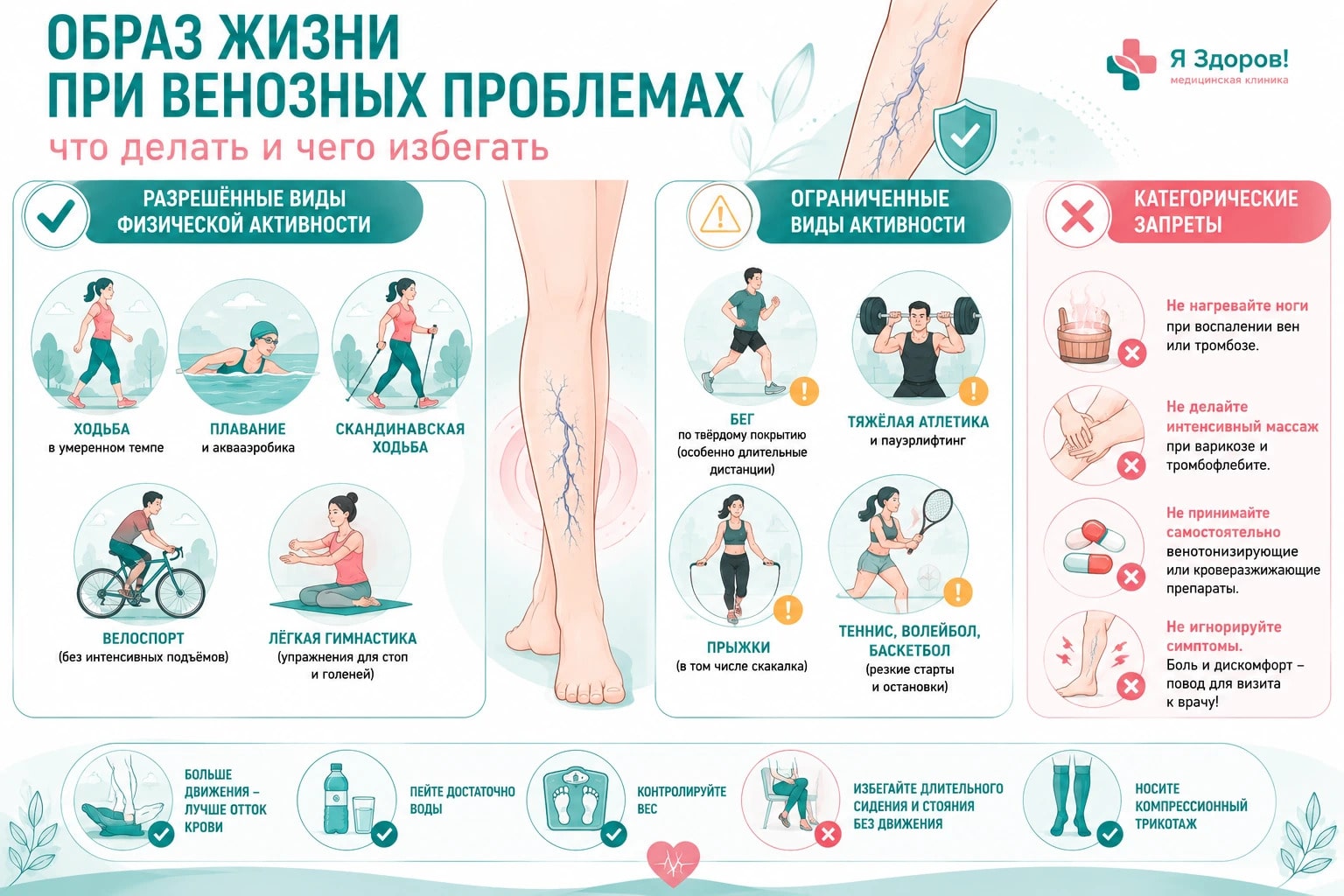 Инфографика образа жизни при проблемах с венами ног: рекомендуемая физическая активность и ограничения