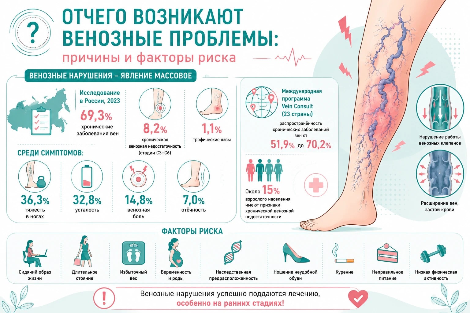 Инфографика о заболеваниях вен ног: распространённость, симптомы и основные факторы риска